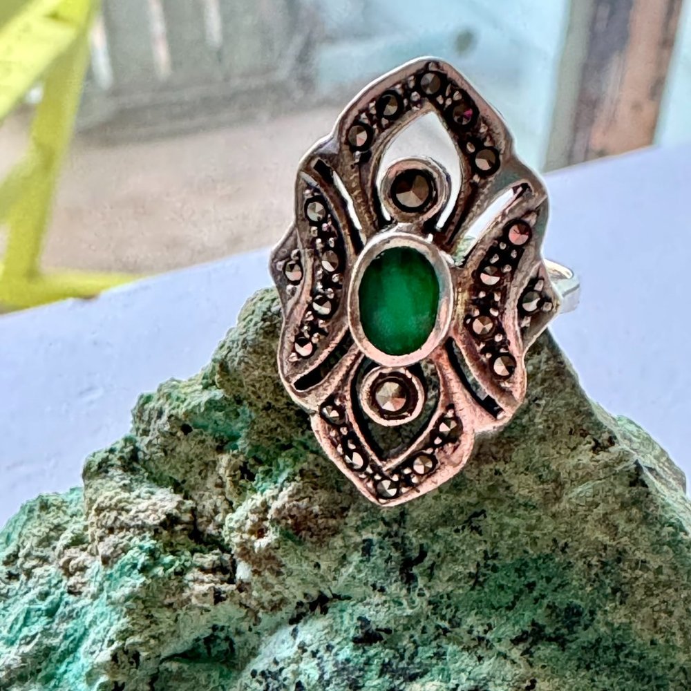 1970s vintage malachite & marcasite Art Deco revival ring, size 5.75, retro - Picture 2 of 9